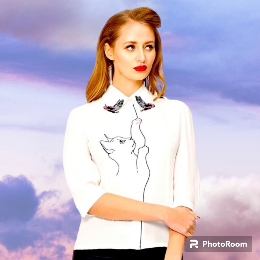 Snow Bird Cat & Butterfly Top by Banned Retro - Picture 1 of 13
